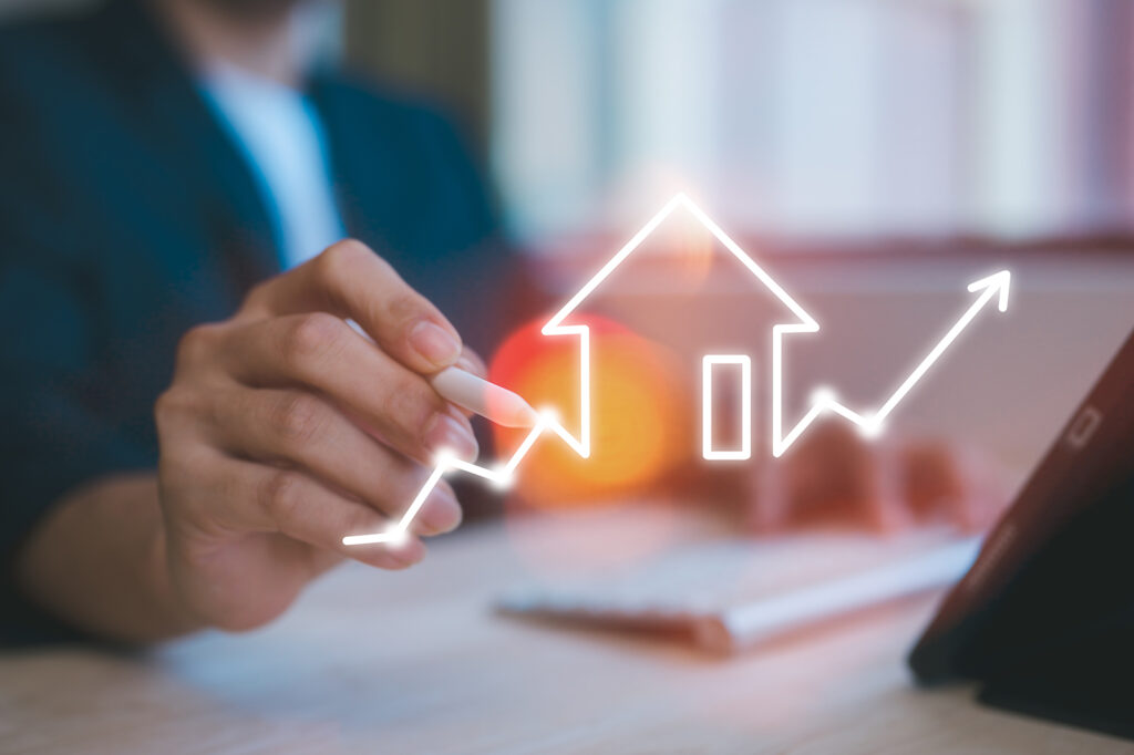 real estate investment energy efficiency rating and property value, Real estate online. new home for the family, home search, land price, property tax man using computer working with virtual chart